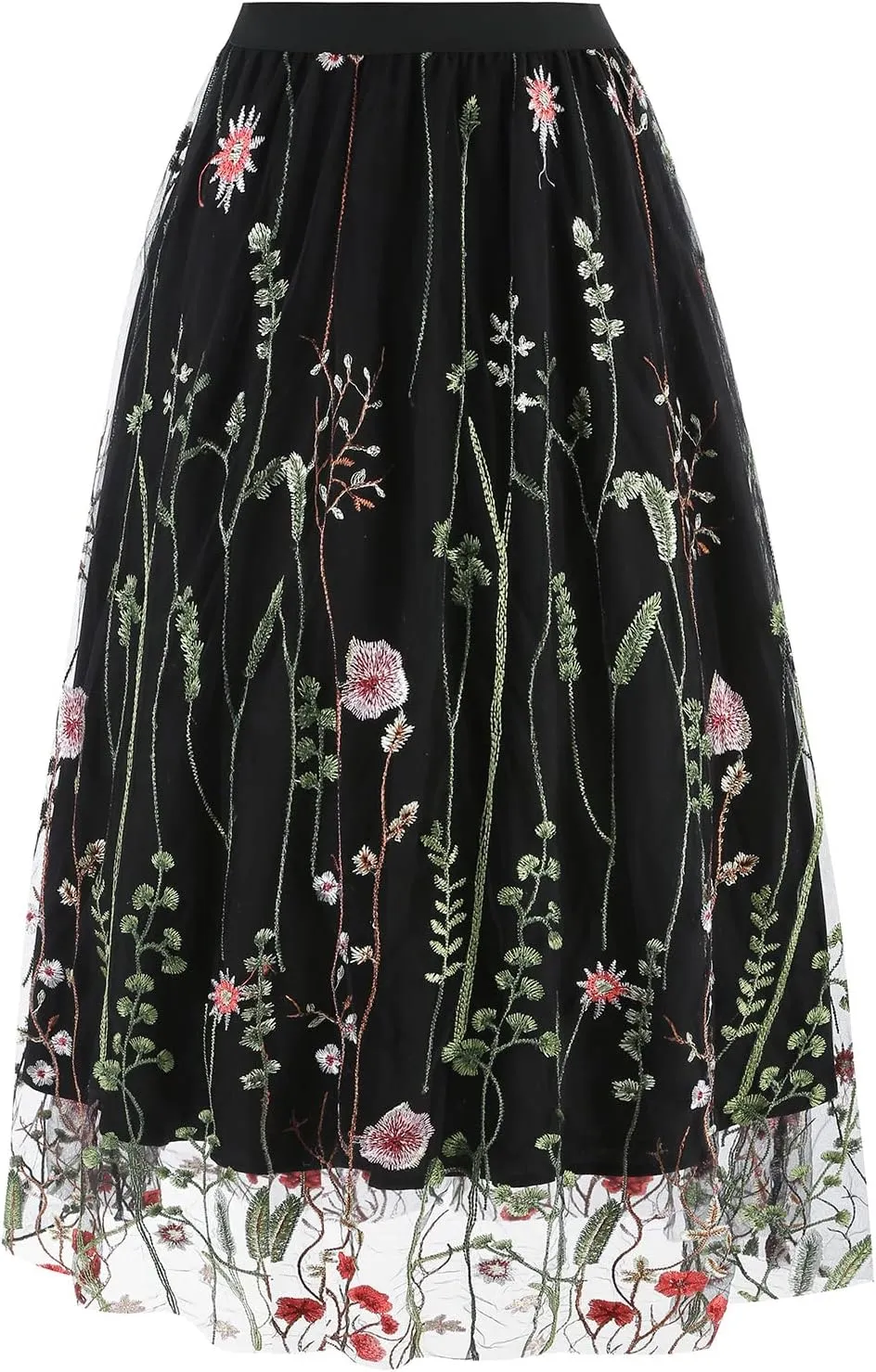 Women Vintage Floral Embroidered Tulle Midi Skirt 50s Party Elastic High Waist A-line Swing Skirts
