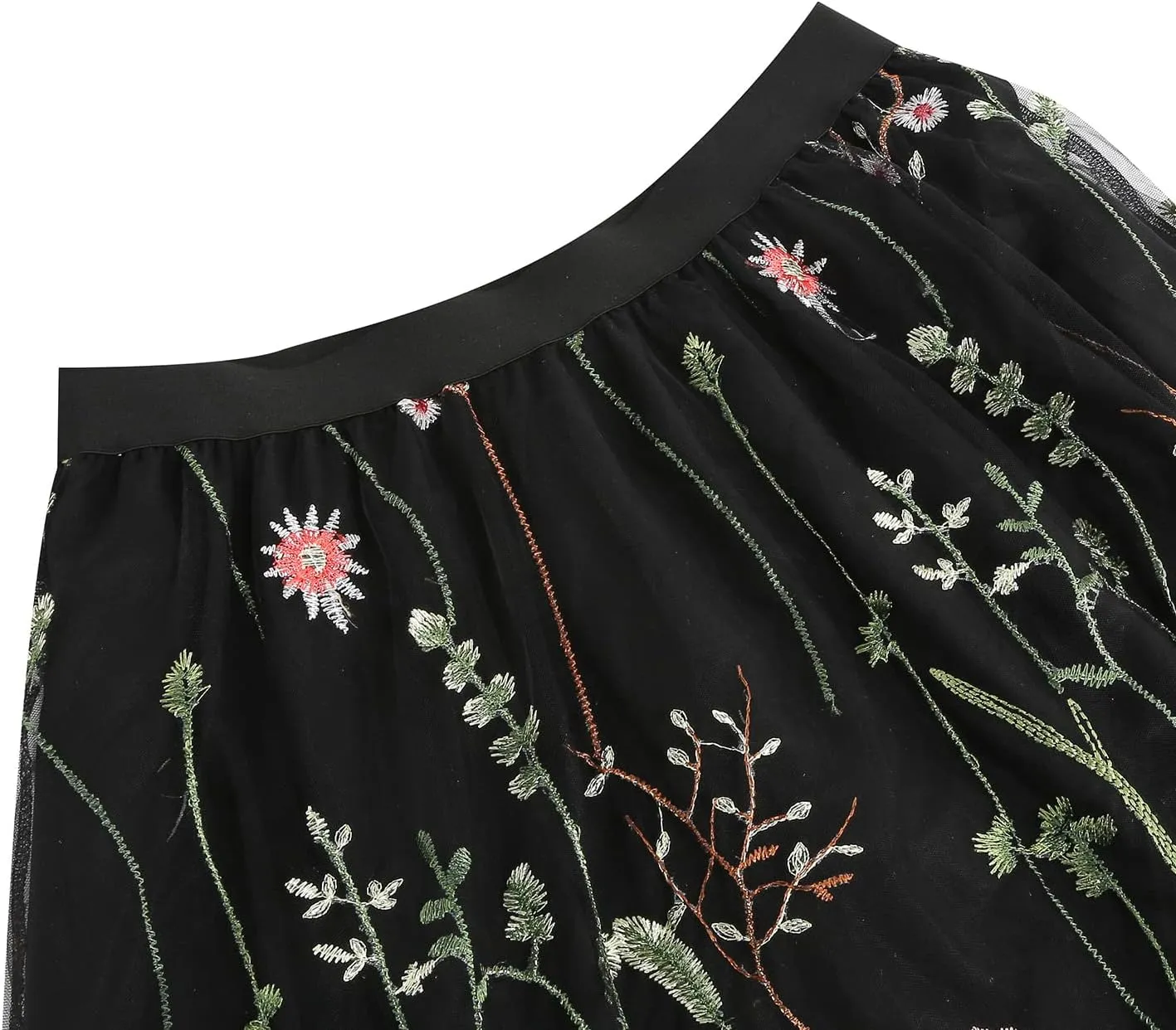 Women Vintage Floral Embroidered Tulle Midi Skirt 50s Party Elastic High Waist A-line Swing Skirts