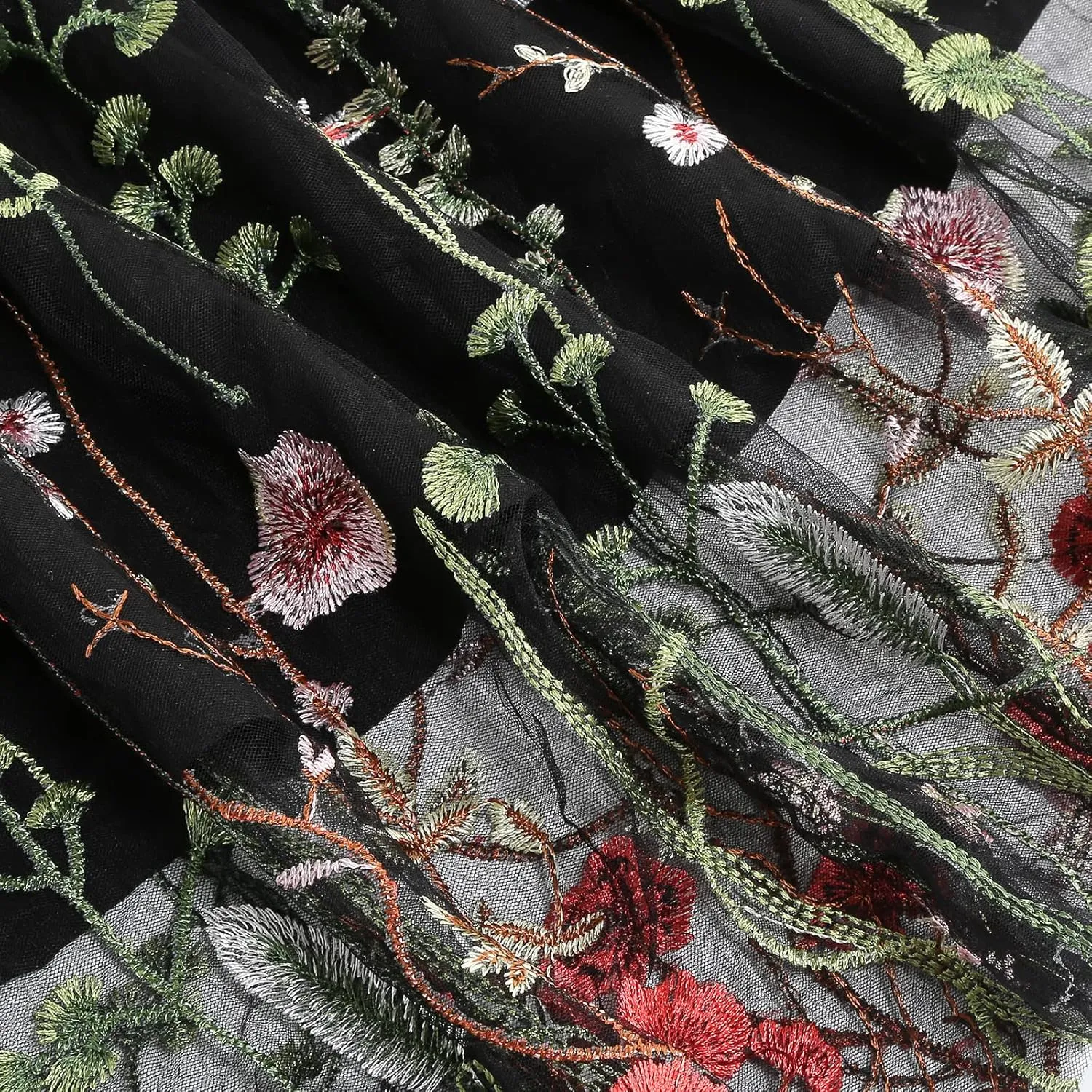 Women Vintage Floral Embroidered Tulle Midi Skirt 50s Party Elastic High Waist A-line Swing Skirts