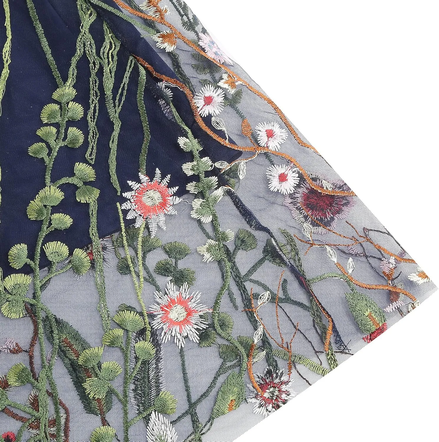 Women Vintage Floral Embroidered Tulle Midi Skirt 50s Party Elastic High Waist A-line Swing Skirts