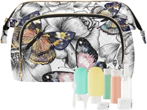 Women Wave Quilt Cosmetic Bag, Storage Pouch Handbag Makeup Case Zipper Toiletry Purse Holder Organizer 10.2x5.9x6.7 in Engraved Hand Drawn Floral Flowers