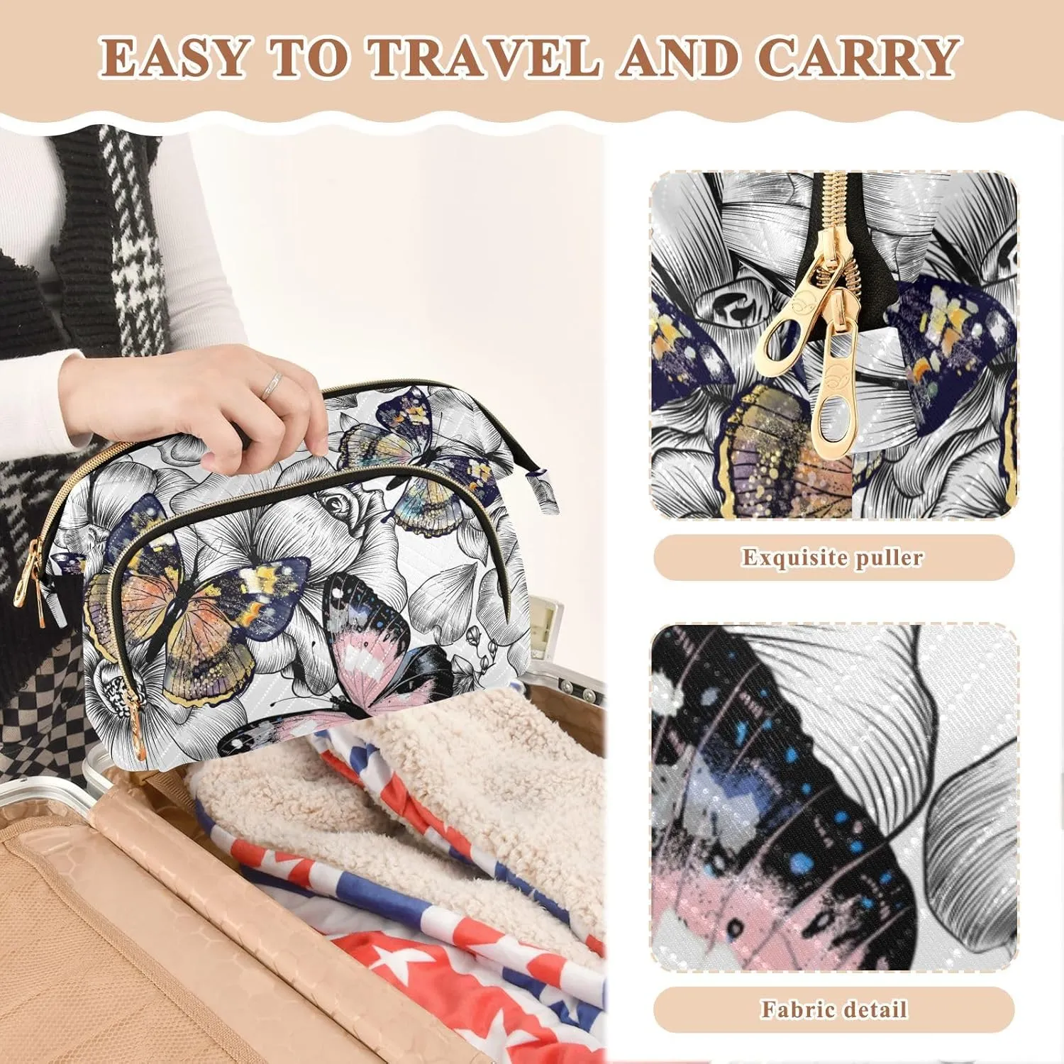 Women Wave Quilt Cosmetic Bag, Storage Pouch Handbag Makeup Case Zipper Toiletry Purse Holder Organizer 10.2x5.9x6.7 in Engraved Hand Drawn Floral Flowers