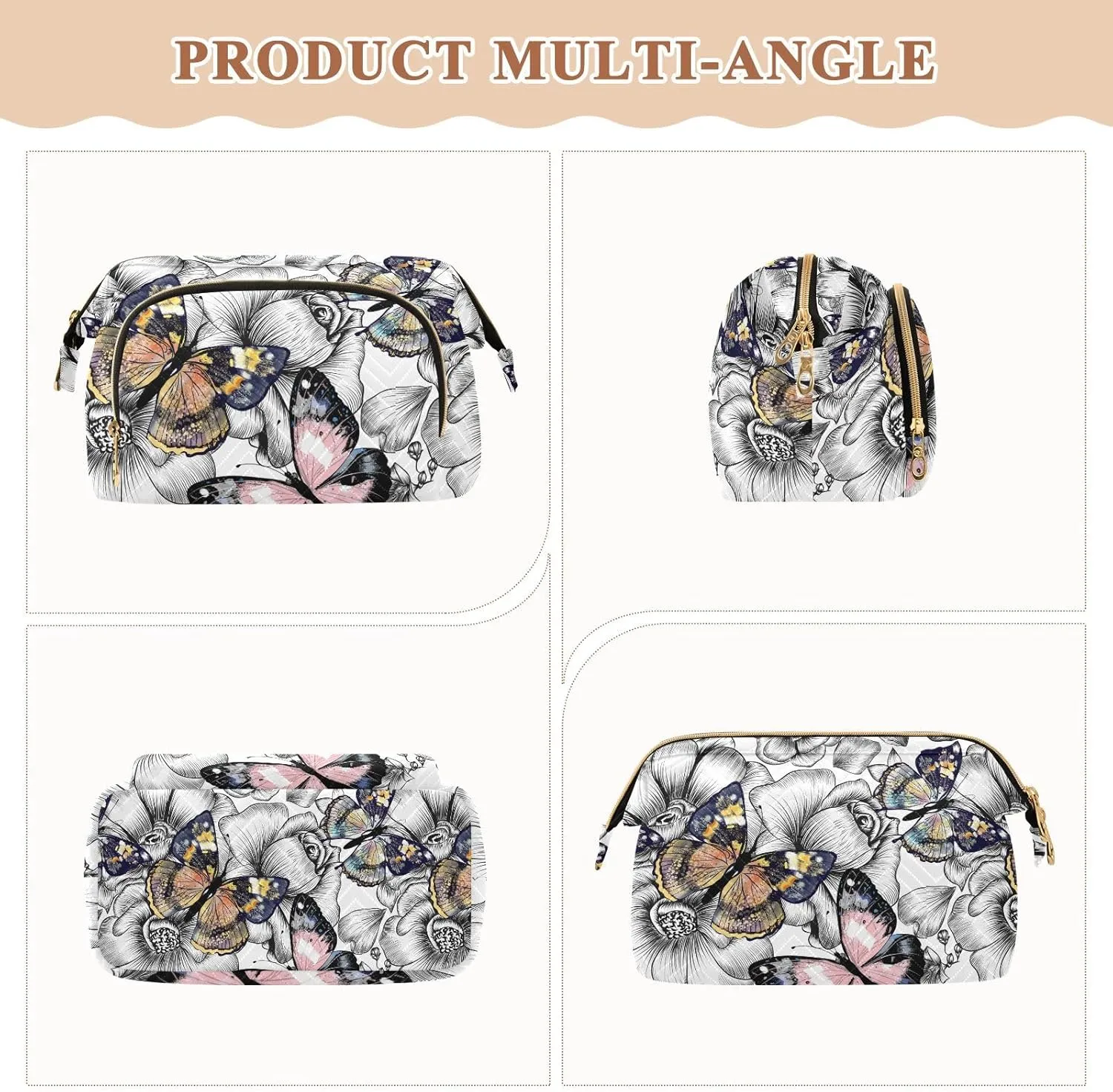 Women Wave Quilt Cosmetic Bag, Storage Pouch Handbag Makeup Case Zipper Toiletry Purse Holder Organizer 10.2x5.9x6.7 in Engraved Hand Drawn Floral Flowers