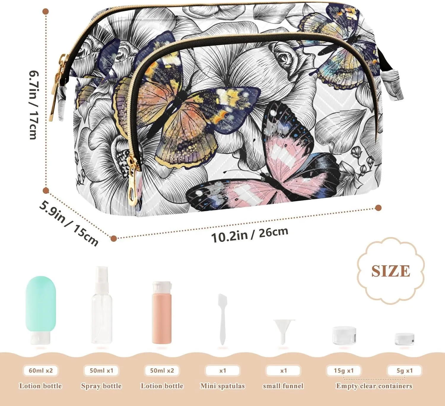 Women Wave Quilt Cosmetic Bag, Storage Pouch Handbag Makeup Case Zipper Toiletry Purse Holder Organizer 10.2x5.9x6.7 in Engraved Hand Drawn Floral Flowers
