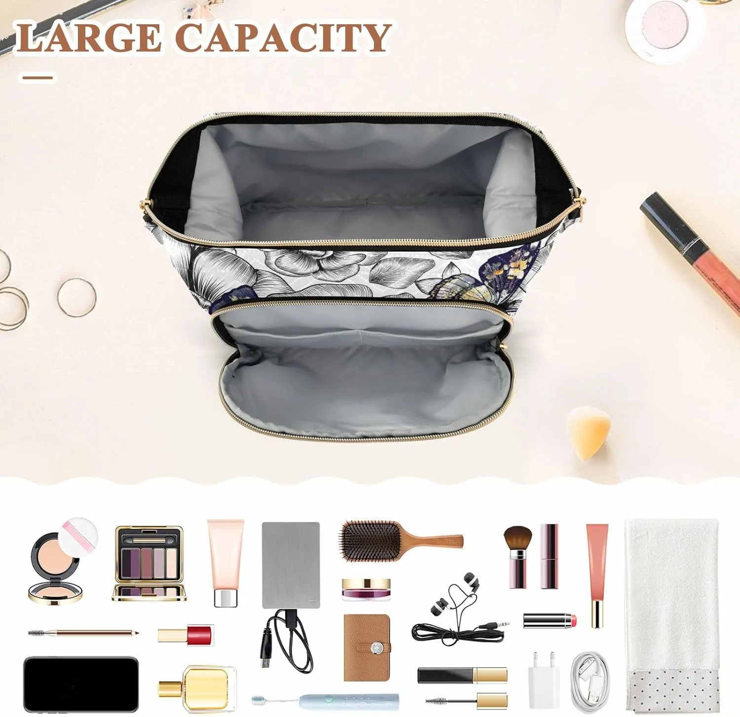 Women Wave Quilt Cosmetic Bag, Storage Pouch Handbag Makeup Case Zipper Toiletry Purse Holder Organizer 10.2x5.9x6.7 in Engraved Hand Drawn Floral Flowers