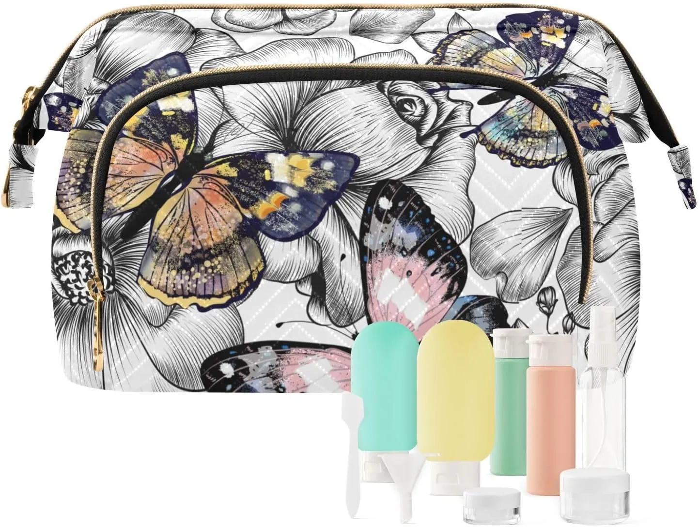Women Wave Quilt Cosmetic Bag, Storage Pouch Handbag Makeup Case Zipper Toiletry Purse Holder Organizer 10.2x5.9x6.7 in Engraved Hand Drawn Floral Flowers