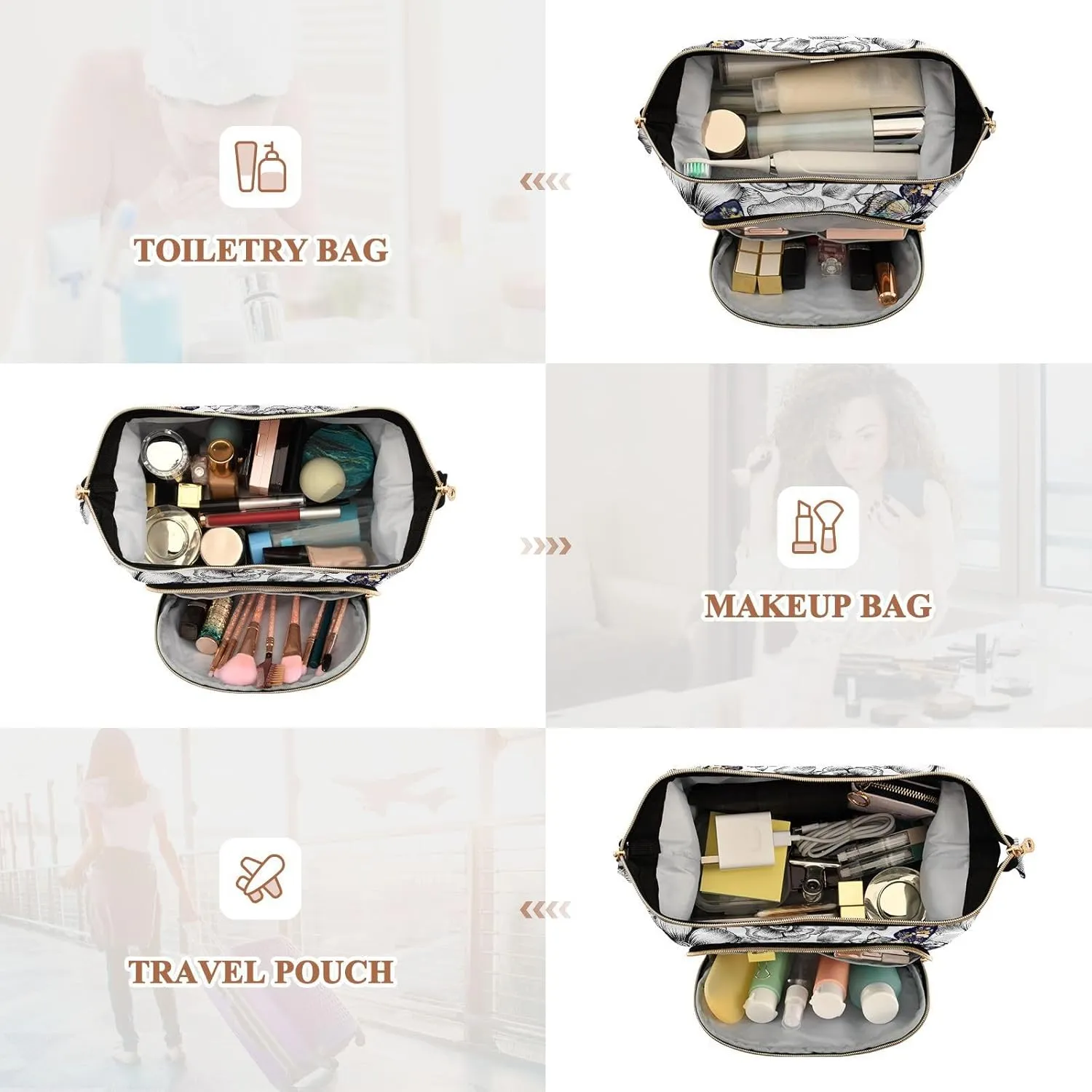 Women Wave Quilt Cosmetic Bag, Storage Pouch Handbag Makeup Case Zipper Toiletry Purse Holder Organizer 10.2x5.9x6.7 in Engraved Hand Drawn Floral Flowers