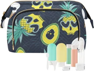 Women Wave Quilt Cosmetic Bag, Storage Pouch Handbag Makeup Case Zipper Toiletry Purse Holder Organizer 10.2x5.9x6.7 in Summer Yellow Pineapple Skull, Ice cream Skull on Dark Floral