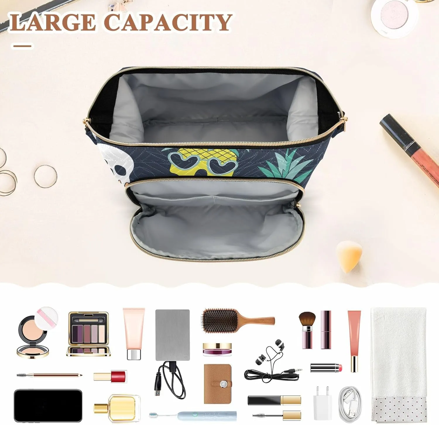 Women Wave Quilt Cosmetic Bag, Storage Pouch Handbag Makeup Case Zipper Toiletry Purse Holder Organizer 10.2x5.9x6.7 in Summer Yellow Pineapple Skull, Ice cream Skull on Dark Floral