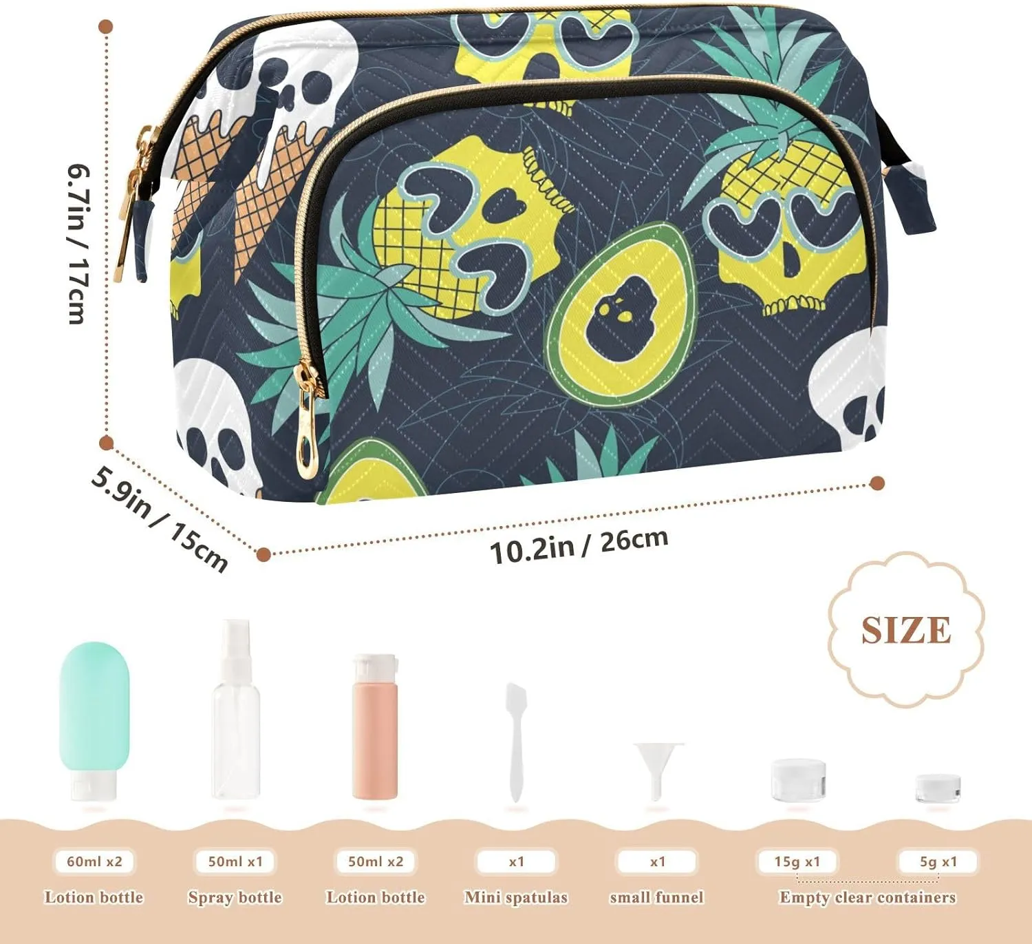 Women Wave Quilt Cosmetic Bag, Storage Pouch Handbag Makeup Case Zipper Toiletry Purse Holder Organizer 10.2x5.9x6.7 in Summer Yellow Pineapple Skull, Ice cream Skull on Dark Floral