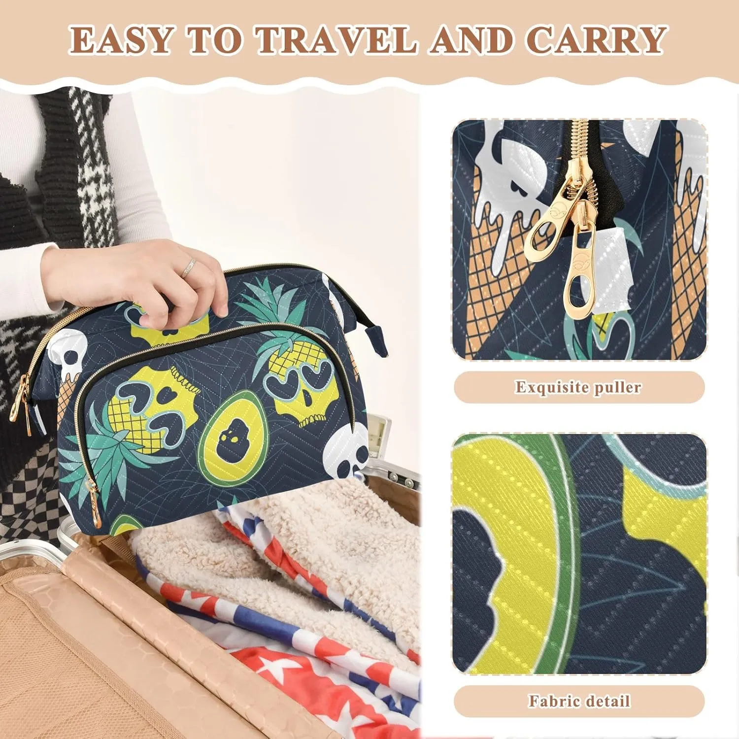 Women Wave Quilt Cosmetic Bag, Storage Pouch Handbag Makeup Case Zipper Toiletry Purse Holder Organizer 10.2x5.9x6.7 in Summer Yellow Pineapple Skull, Ice cream Skull on Dark Floral