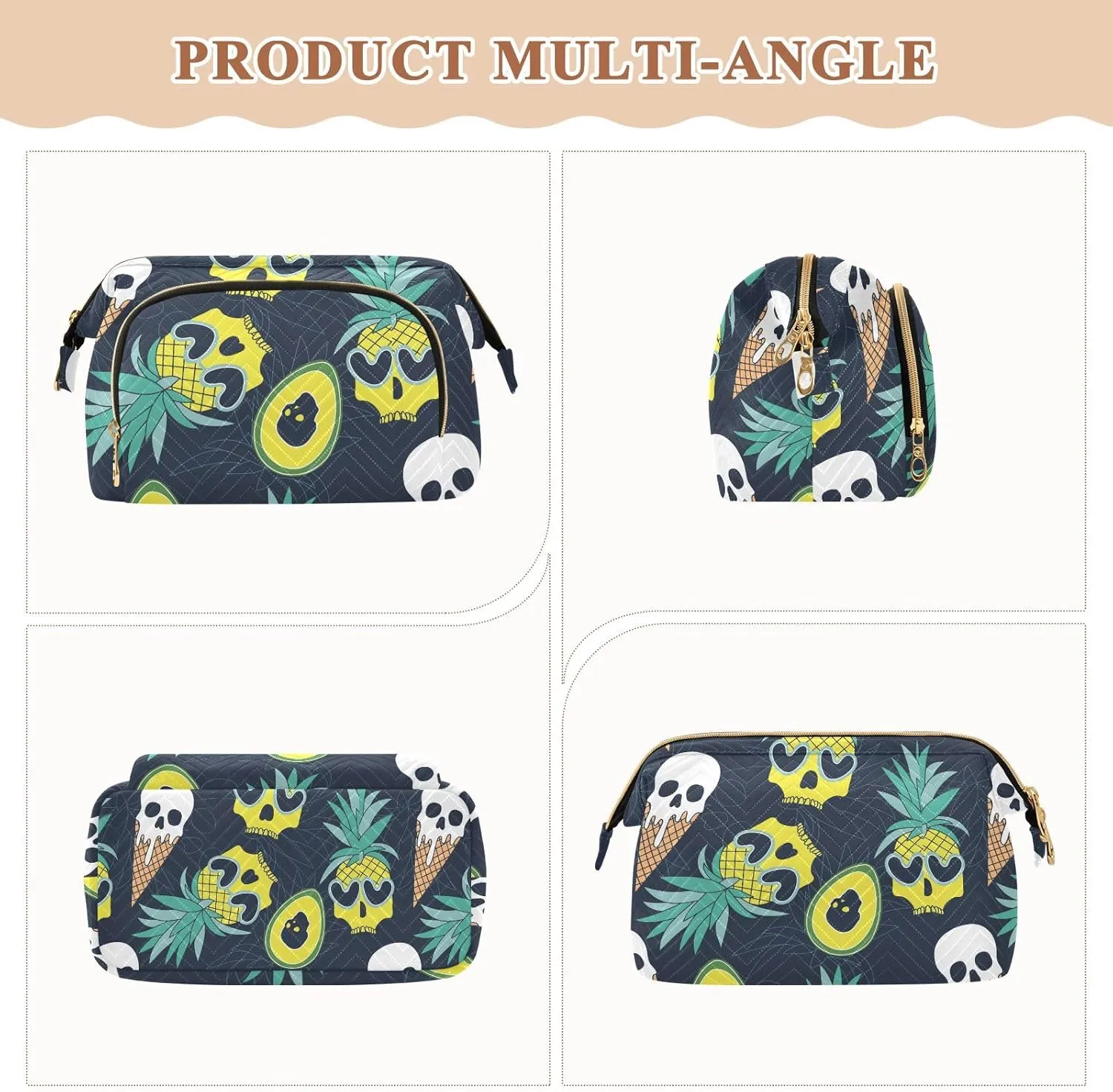 Women Wave Quilt Cosmetic Bag, Storage Pouch Handbag Makeup Case Zipper Toiletry Purse Holder Organizer 10.2x5.9x6.7 in Summer Yellow Pineapple Skull, Ice cream Skull on Dark Floral