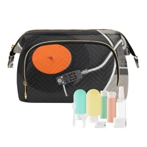 Women Wave Quilt Cosmetic Bag, Zipper Toiletry Storage 10.2x5.9x6.7 in, Pouch Handbag Makeup Case Purse Holder Organizer Print Vintage Record CD Player with Vinyl Record