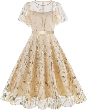 Women's 1950s Vintage Floral Embroidery Dress Short Sleeve Sequins Glitters Mesh Cocktail Homecoming Swing Dress
