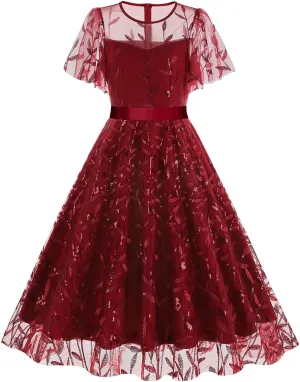 Women's 1950s Vintage Floral Embroidery Dress Short Sleeve Sequins Glitters Mesh Cocktail Homecoming Swing Dress