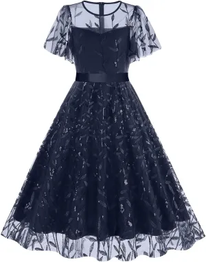 Women's 1950s Vintage Floral Embroidery Dress Short Sleeve Sequins Glitters Mesh Cocktail Homecoming Swing Dress