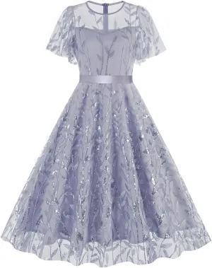 Women's 1950s Vintage Floral Embroidery Dress Short Sleeve Sequins Glitters Mesh Cocktail Homecoming Swing Dress