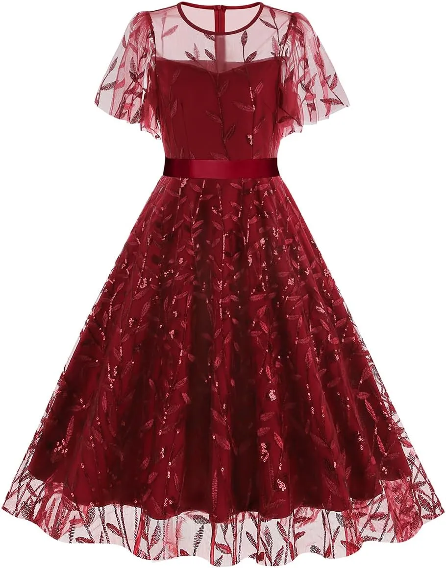 Women's 1950s Vintage Floral Embroidery Dress Short Sleeve Sequins Glitters Mesh Cocktail Homecoming Swing Dress