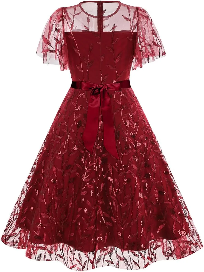 Women's 1950s Vintage Floral Embroidery Dress Short Sleeve Sequins Glitters Mesh Cocktail Homecoming Swing Dress
