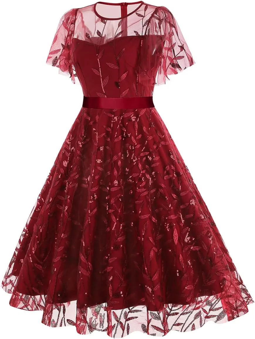 Women's 1950s Vintage Floral Embroidery Dress Short Sleeve Sequins Glitters Mesh Cocktail Homecoming Swing Dress