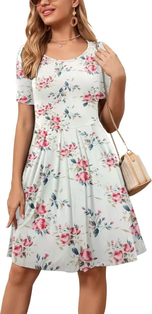 Womens 2023 Casual Summer Beach Dresses Floral Flared Party Dresses with Pockets