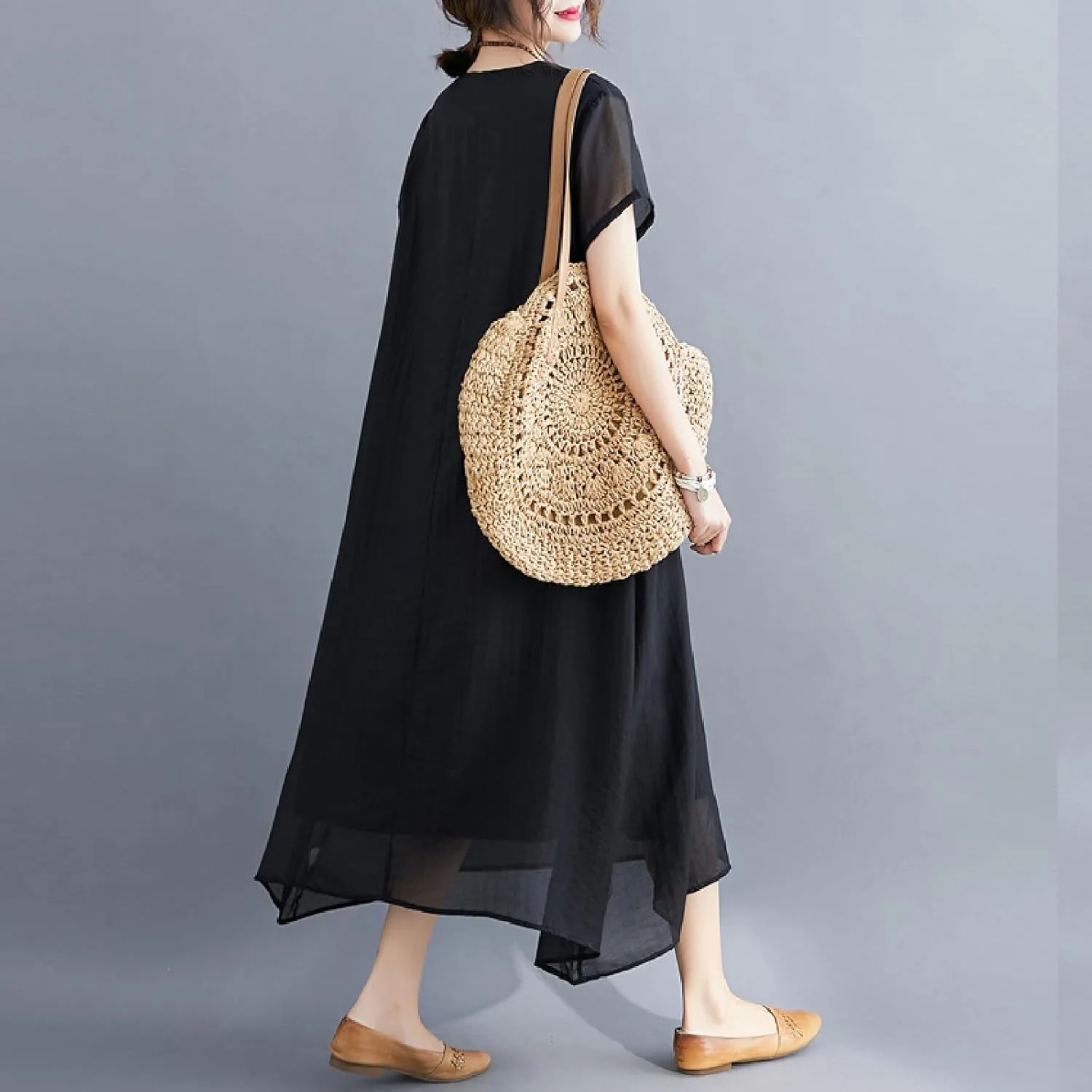 Women's Casual Pajama Solid Color Dress Round Neck Long Dresses Loose Fit Comfortable Midi Skirt Home Daily