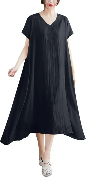 Women's Casual Pajama Solid Color Dress Round Neck Long Dresses Loose Fit Comfortable Midi Skirt Home Daily