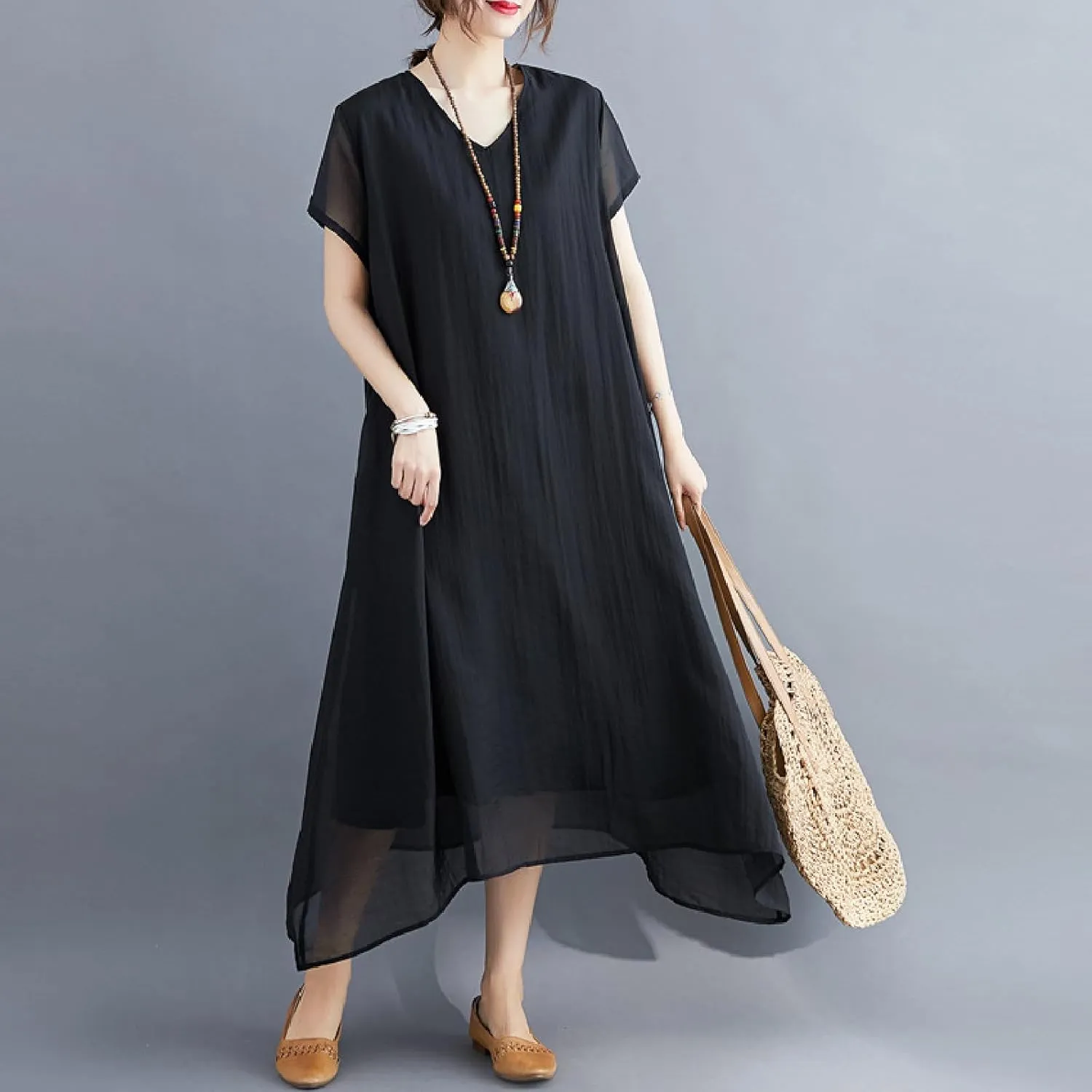 Women's Casual Pajama Solid Color Dress Round Neck Long Dresses Loose Fit Comfortable Midi Skirt Home Daily