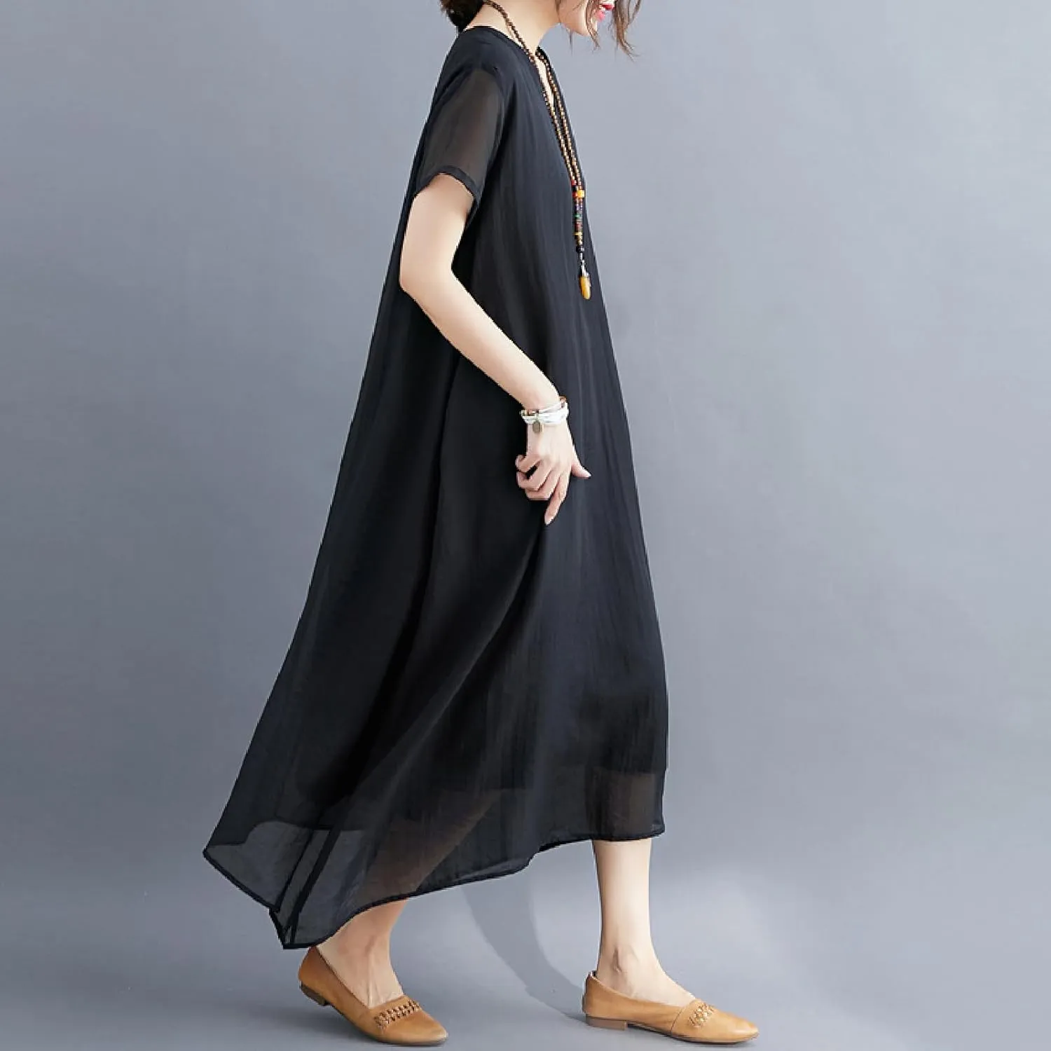 Women's Casual Pajama Solid Color Dress Round Neck Long Dresses Loose Fit Comfortable Midi Skirt Home Daily