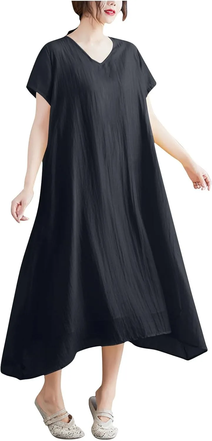 Women's Casual Pajama Solid Color Dress Round Neck Long Dresses Loose Fit Comfortable Midi Skirt Home Daily