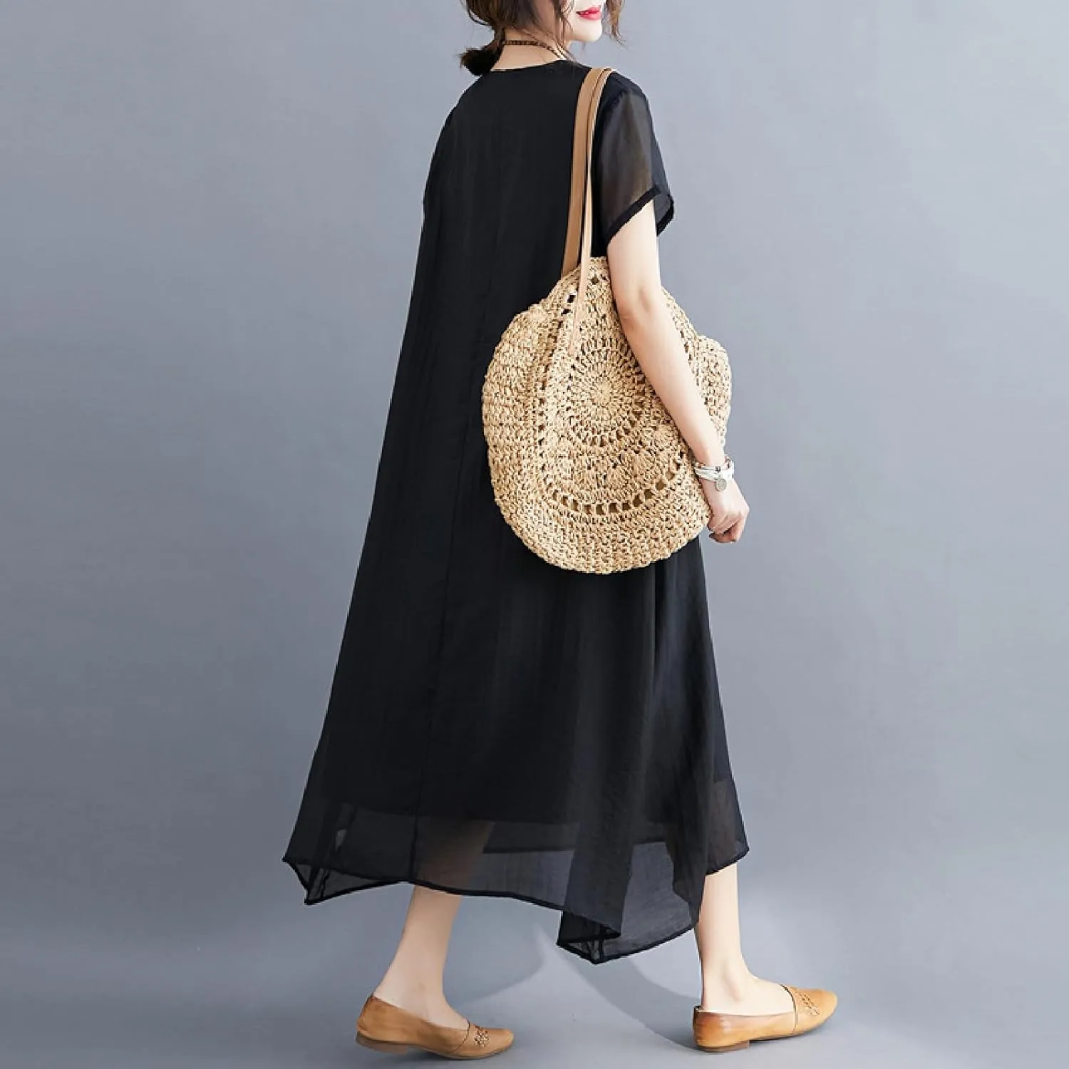 Women's Casual Pajama Solid Color Dress Round Neck Long Dresses Loose Fit Comfortable Midi Skirt Home Daily