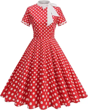 Women's Elegant Dresses Vintage Polka Dot Printed A-Line Dress Short Sleeve Lapel Maxi Skirts Court Business Gowns