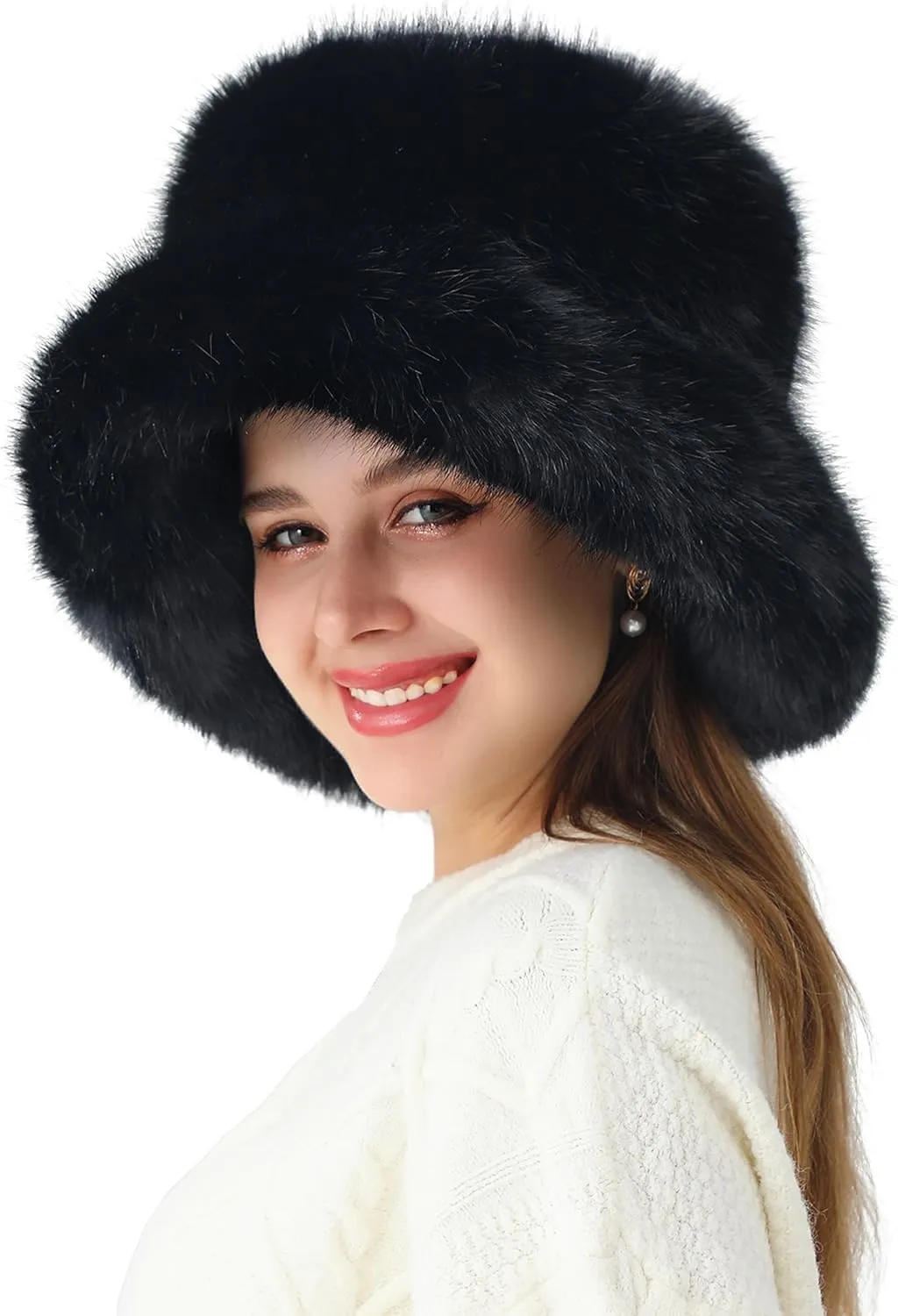Women's Faux Fur Bucket Hats Fluffy Winter Warm Ladie's Unique Wide Brim Fisherman Cap