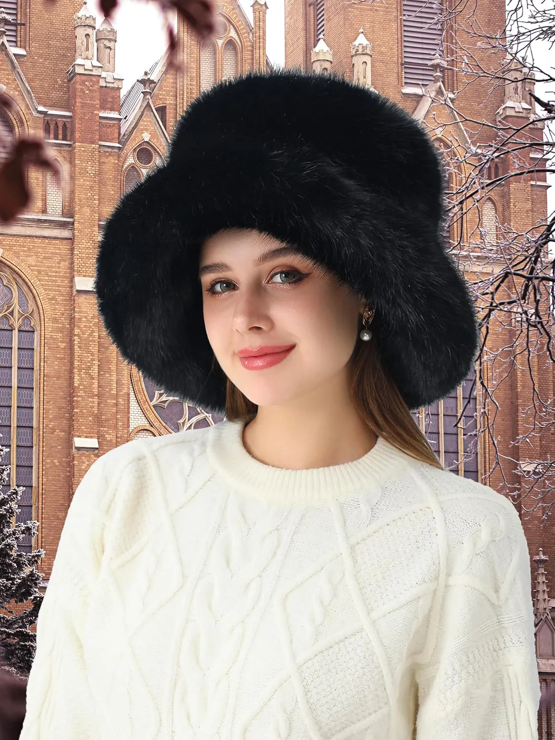 Women's Faux Fur Bucket Hats Fluffy Winter Warm Ladie's Unique Wide Brim Fisherman Cap