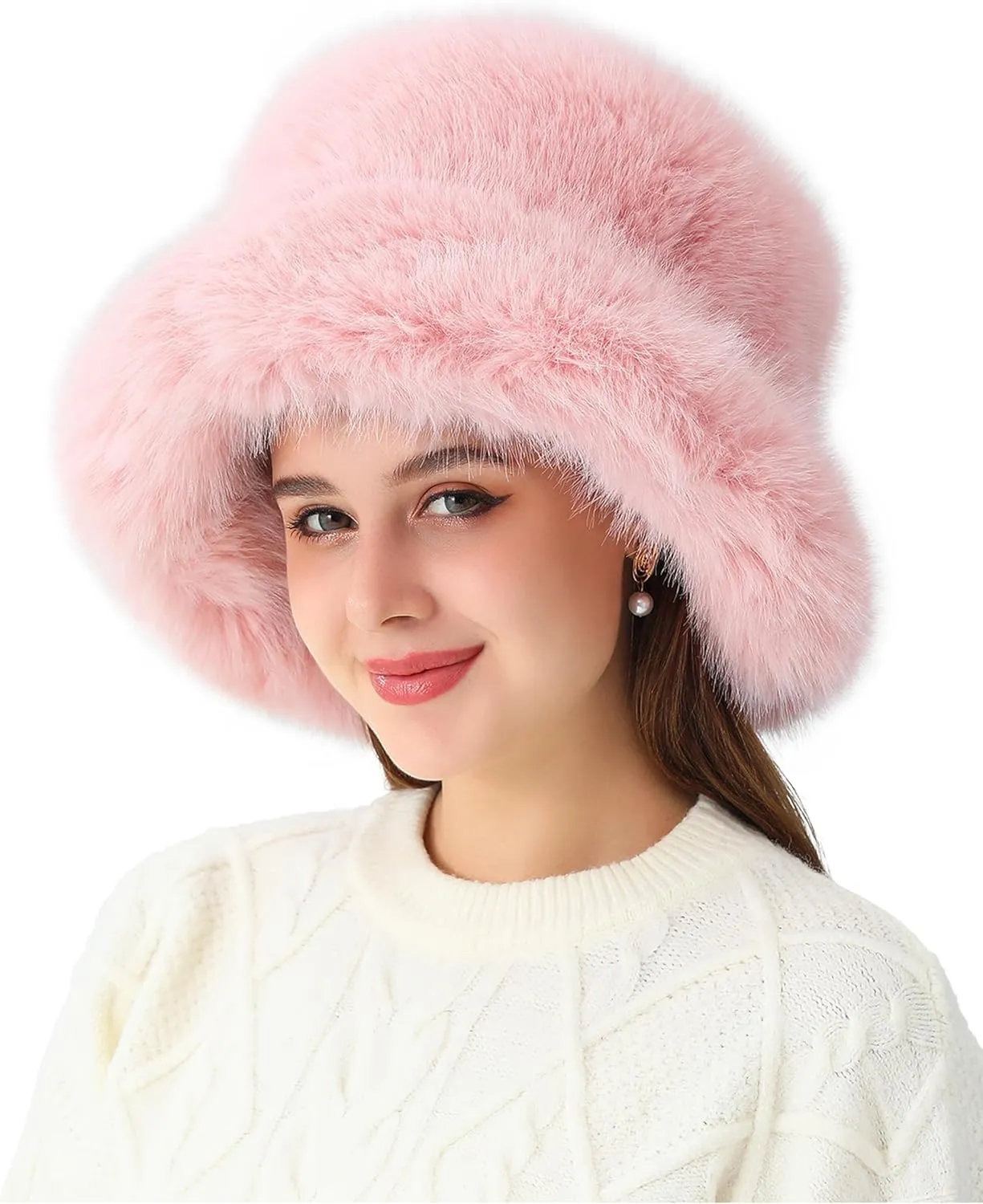 Women's Faux Fur Bucket Hats Fluffy Winter Warm Ladie's Unique Wide Brim Fisherman Cap