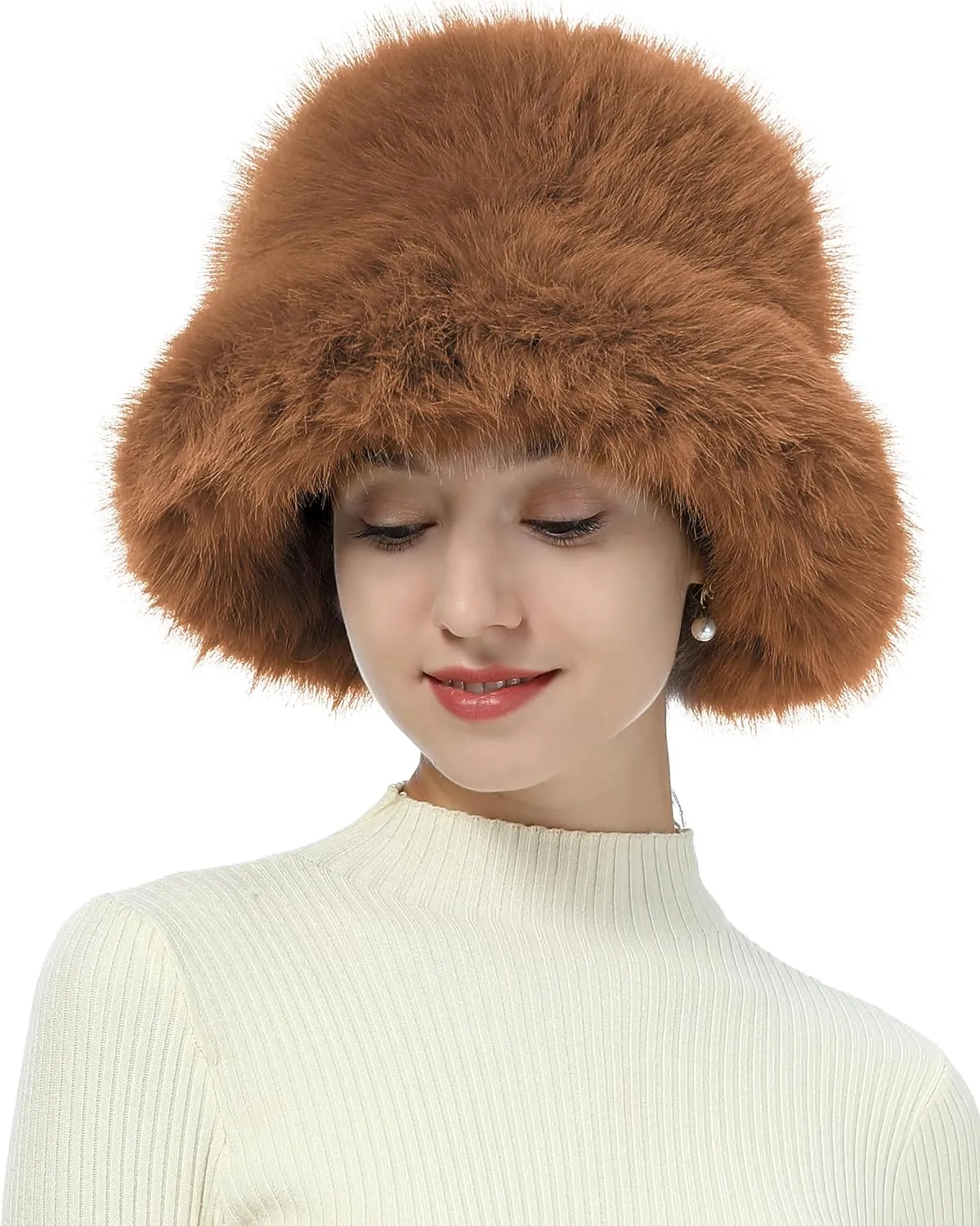 Women's Faux Fur Bucket Hats Fluffy Winter Warm Ladie's Unique Wide Brim Fisherman Cap