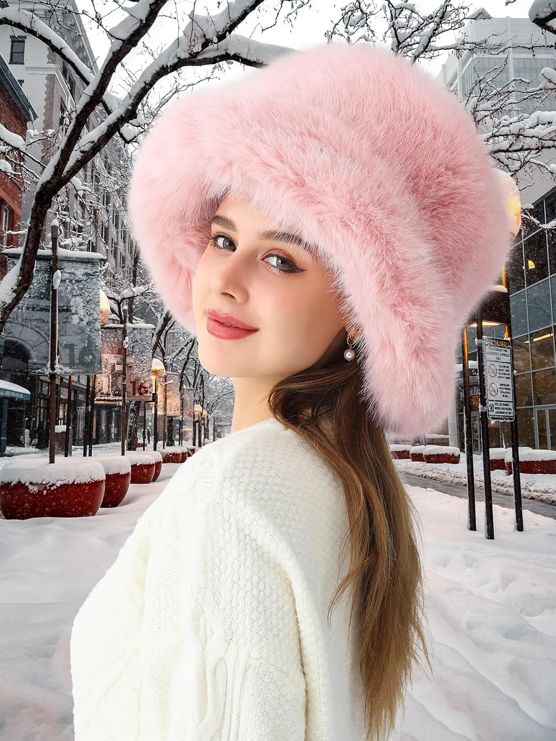 Women's Faux Fur Bucket Hats Fluffy Winter Warm Ladie's Unique Wide Brim Fisherman Cap