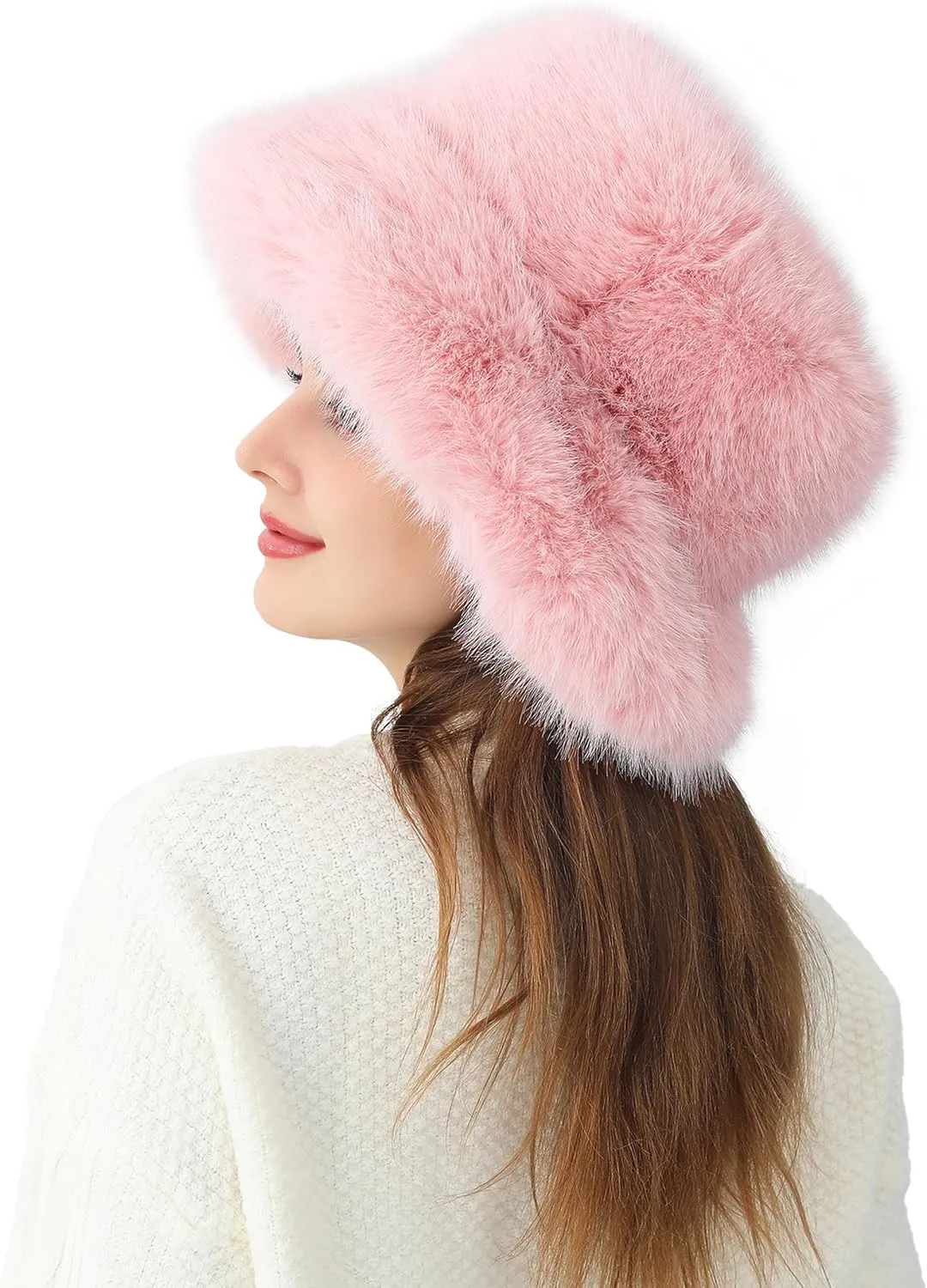 Women's Faux Fur Bucket Hats Fluffy Winter Warm Ladie's Unique Wide Brim Fisherman Cap
