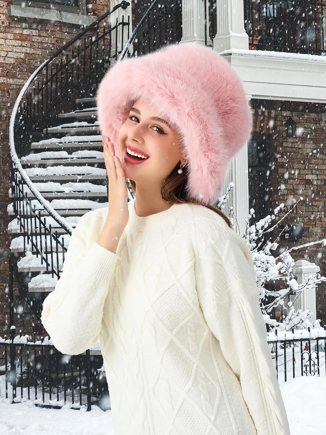 Women's Faux Fur Bucket Hats Fluffy Winter Warm Ladie's Unique Wide Brim Fisherman Cap