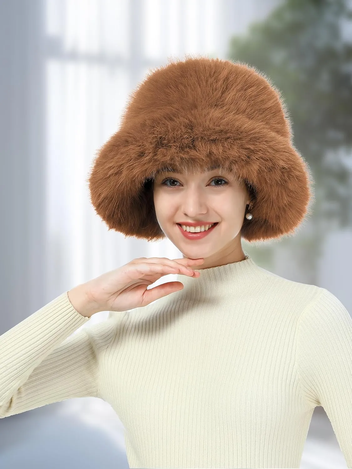 Women's Faux Fur Bucket Hats Fluffy Winter Warm Ladie's Unique Wide Brim Fisherman Cap