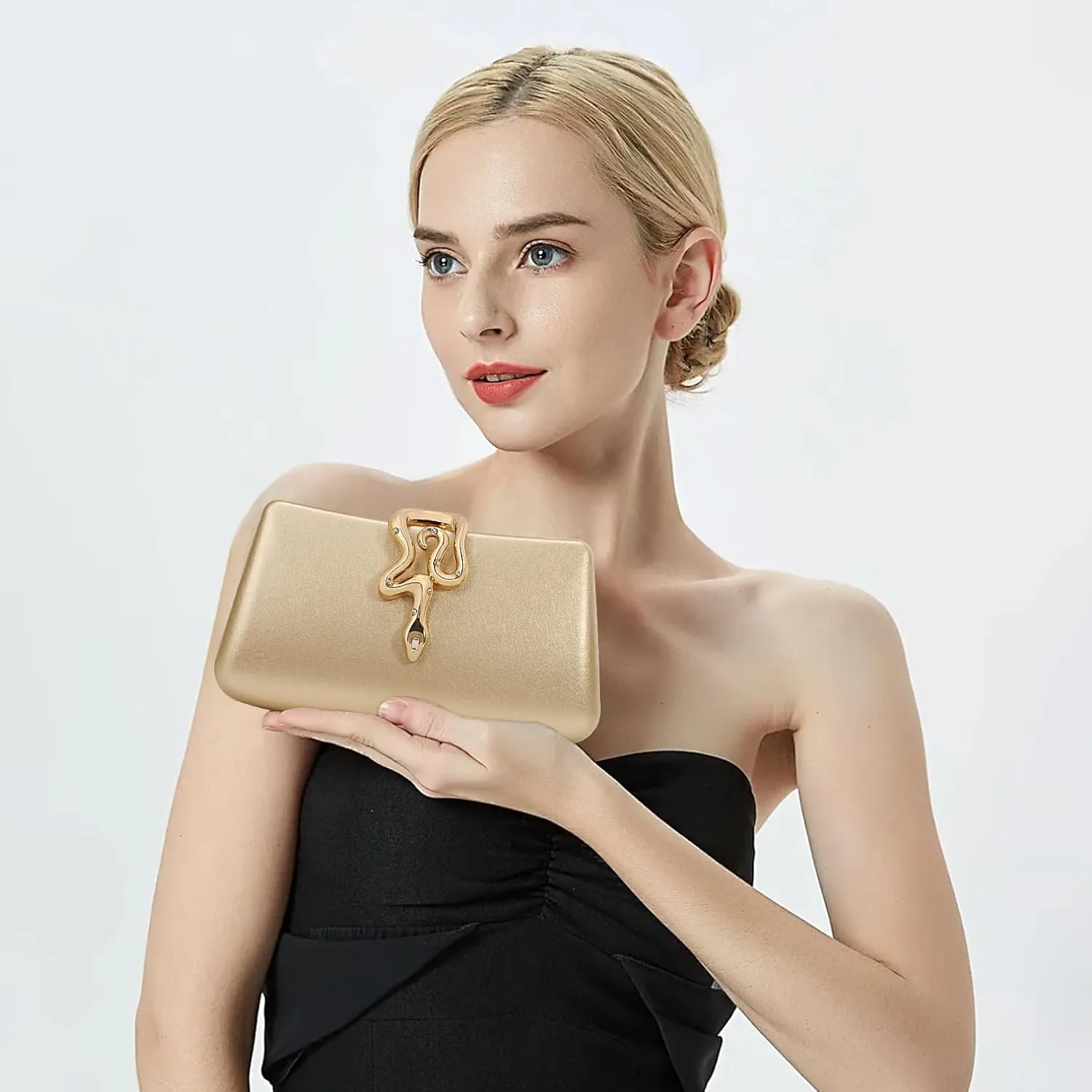 Women's Formal Evening Clutch Purse Synthetic Leather with Snake Clasp, Detachable Strap for Wedding, Prom, Party