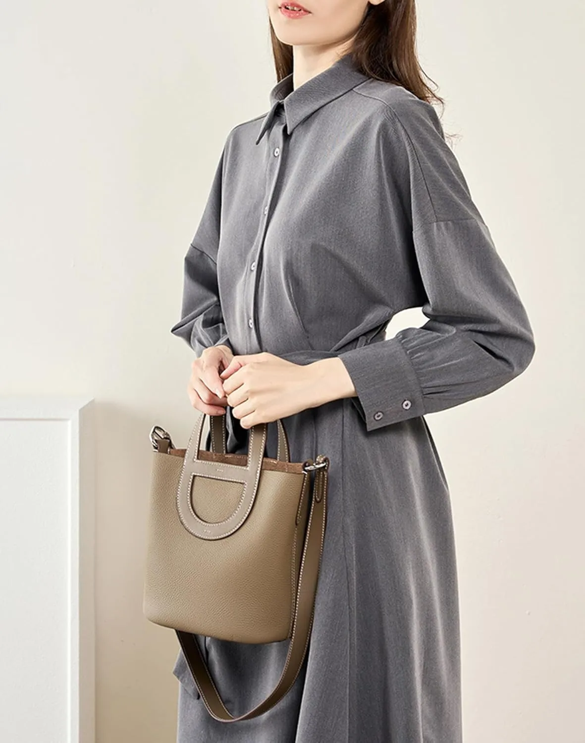 Women's Genuine Leather Bucket Bag Pig Nose Lychee Pattern Vegetable Basket Solid Color Tote Bag Trendy Handbag,Caramel,19 * 12 * 20cm
