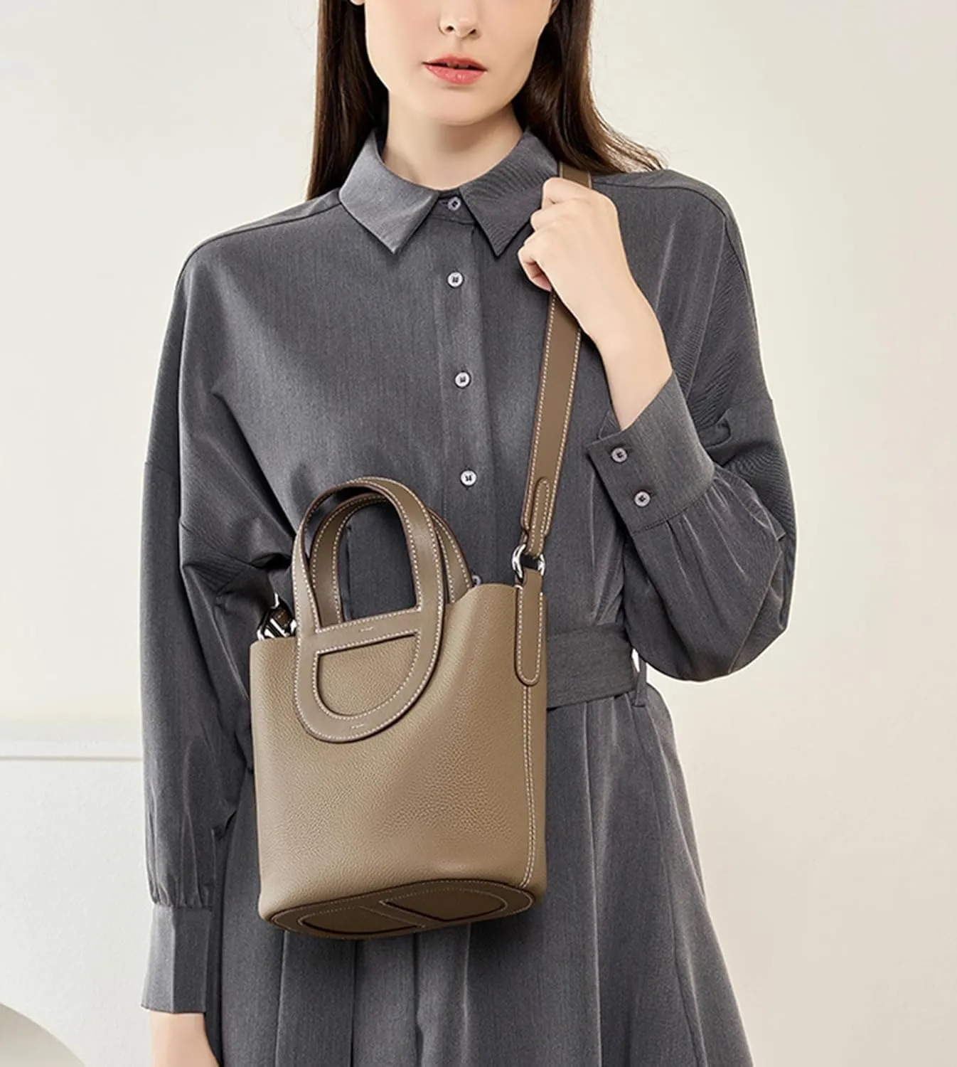 Women's Genuine Leather Bucket Bag Pig Nose Lychee Pattern Vegetable Basket Solid Color Tote Bag Trendy Handbag,Caramel,19 * 12 * 20cm