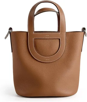 Women's Genuine Leather Bucket Bag Pig Nose Lychee Pattern Vegetable Basket Solid Color Tote Bag Trendy Handbag,Caramel,19 * 12 * 20cm