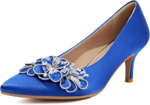 Women's Kitten Heels 2" Handmade Rhinestone Flower Satin Pumps Wedding Party Prom Dress Shoes