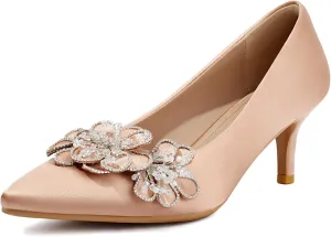 Women's Kitten Heels 2" Handmade Rhinestone Flower Satin Pumps Wedding Party Prom Dress Shoes