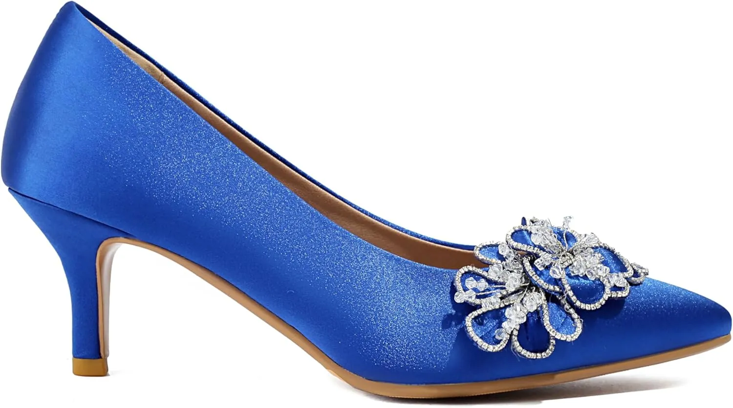 Women's Kitten Heels 2" Handmade Rhinestone Flower Satin Pumps Wedding Party Prom Dress Shoes