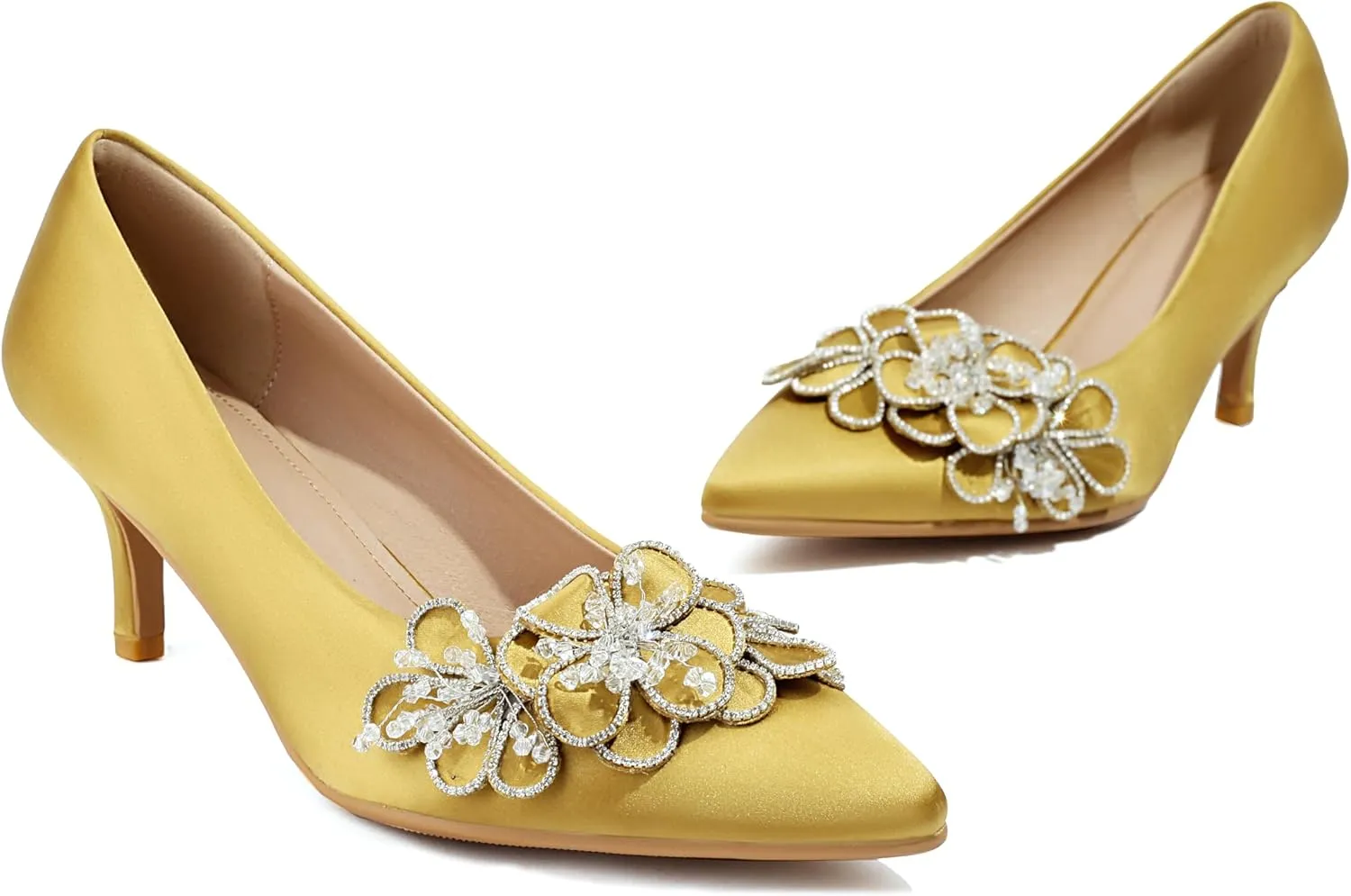 Women's Kitten Heels 2" Handmade Rhinestone Flower Satin Pumps Wedding Party Prom Dress Shoes