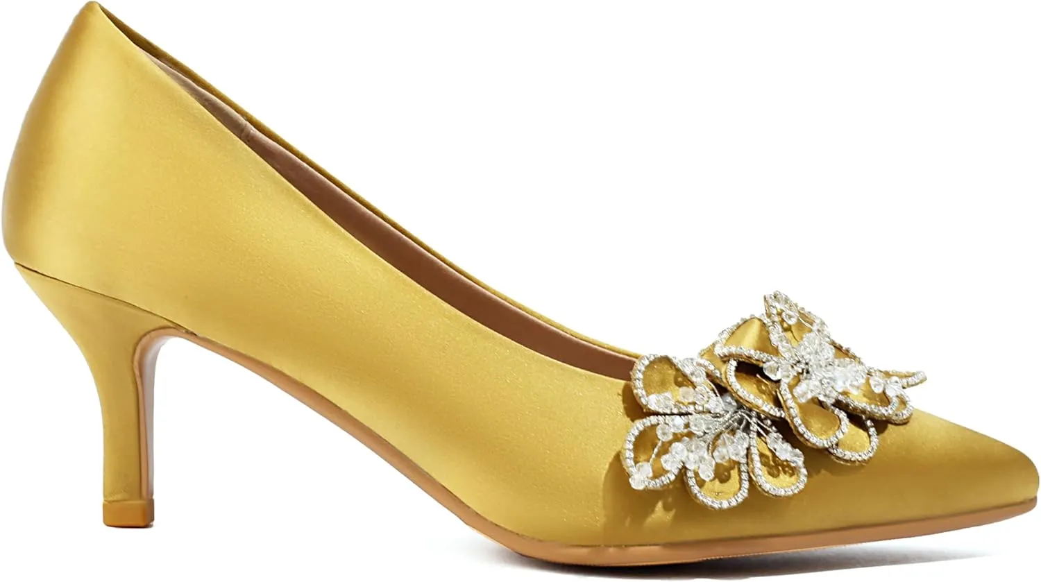 Women's Kitten Heels 2" Handmade Rhinestone Flower Satin Pumps Wedding Party Prom Dress Shoes