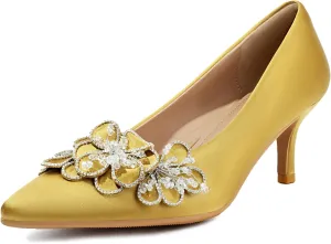 Women's Kitten Heels 2" Handmade Rhinestone Flower Satin Pumps Wedding Party Prom Dress Shoes